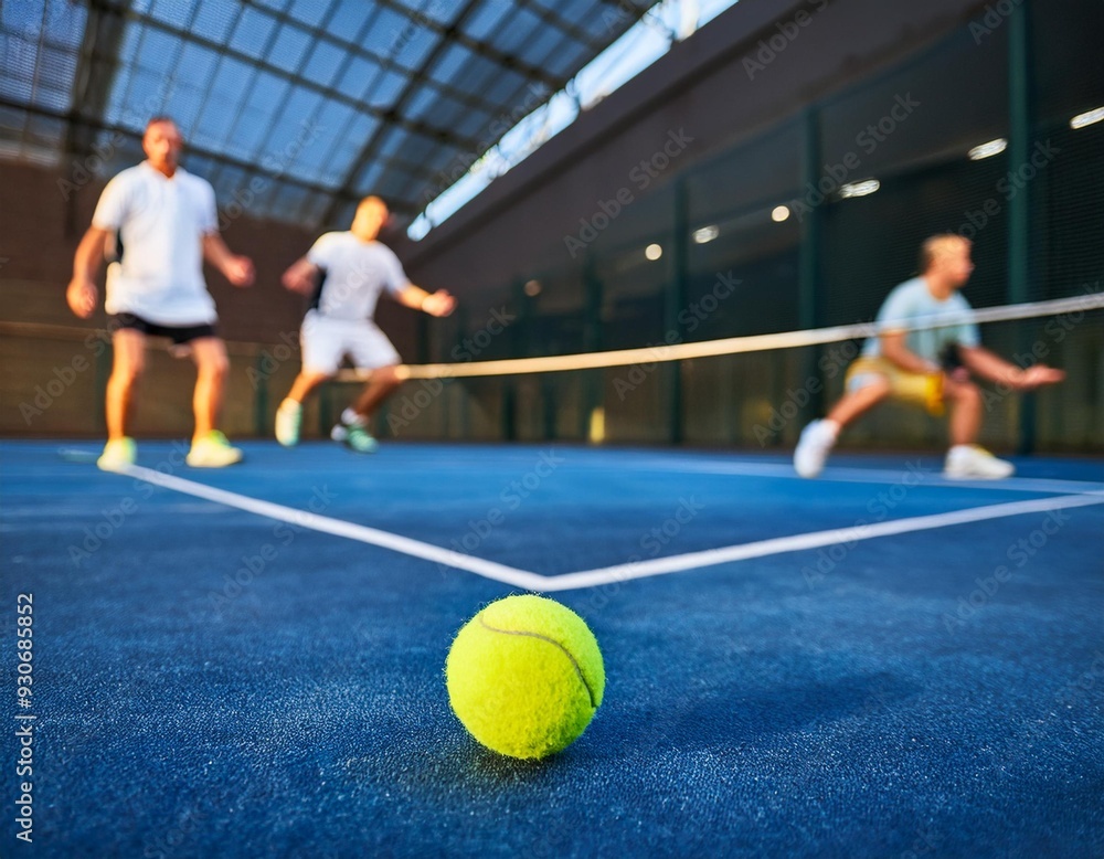 Obraz premium Single padel ball bouncing on the court surface with a blurred background of players