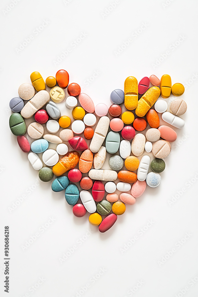 A heart shape composed of various colorful pills and tablets, symbolizing healthcare, medicine, and wellness.
A heart shape composed of various colorful pills and tablets, symbolizing healthcare, medicine, and wellness.