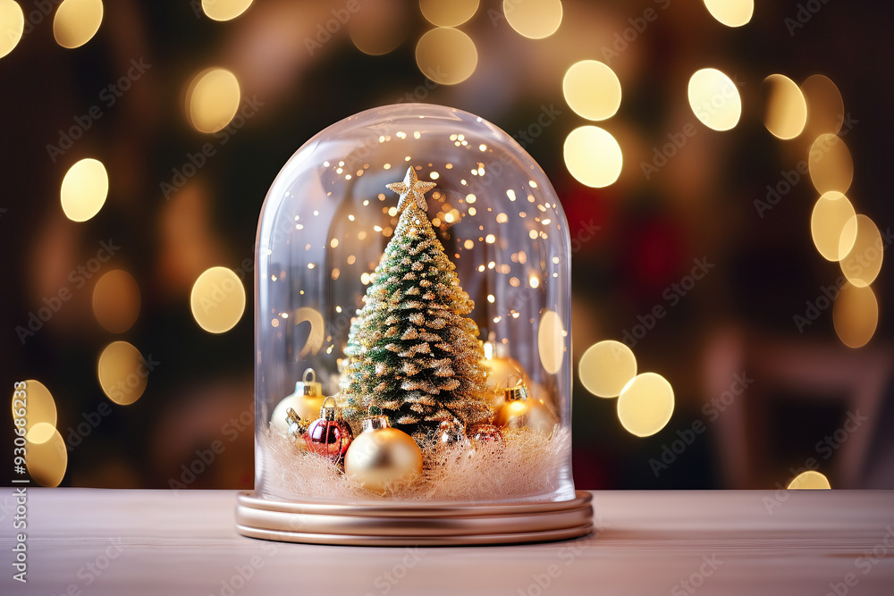 A beautifully decorated Christmas tree sits within a glass dome, twinkling with lights and adorned with festive ornaments, radiating seasonal cheer. A beautifully decorated Christmas tree sits within a glass dome, twinkling with lights and adorned with festive ornaments, radiating seasonal cheer.