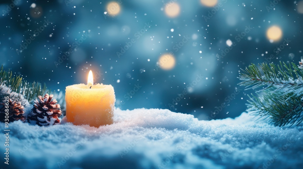christmas decoration idyll in deep snow on blurred blue background, beautiful natural christmas background with shiny candlelight and advertising space christmas decoration idyll in deep snow on blurred blue background, beautiful natural christmas background with shiny candlelight and advertising space