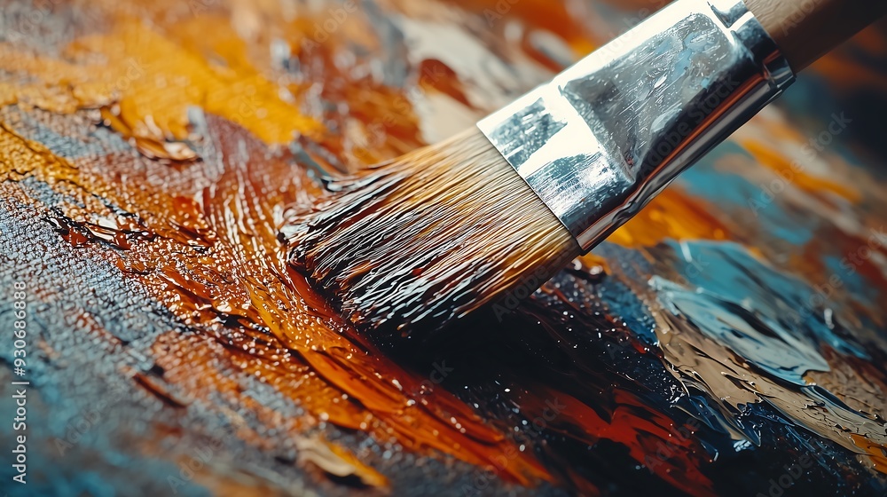 Close-Up of Paintbrush on Colorful Abstract Canvas Close-Up of Paintbrush on Colorful Abstract Canvas
