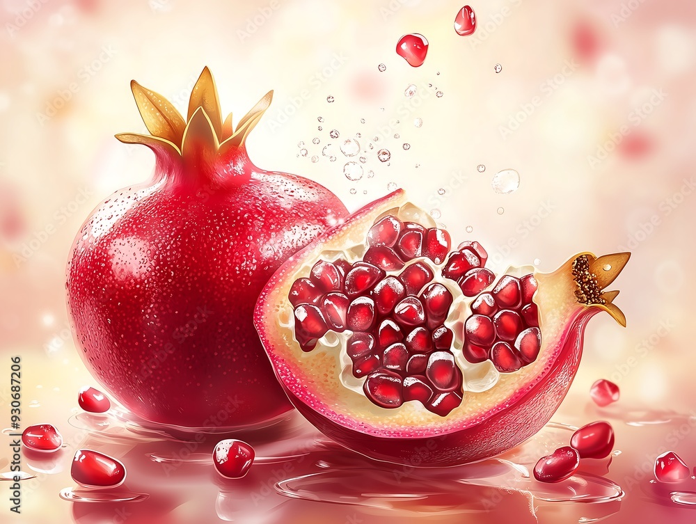 Fresh Pomegranate with Juicy Seeds on Light Background Fresh Pomegranate with Juicy Seeds on Light Background