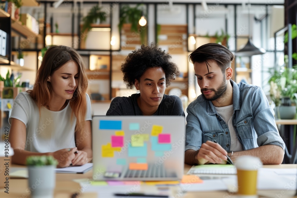 Creative business team sharing laptop in office, watching startup presentation, design project, discussing ideas, brainstorming Creative business team sharing laptop in office, watching startup presentation, design project, discussing ideas, brainstorming