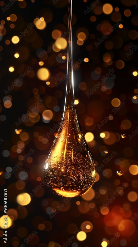 Golden Oil Drop Suspended Above Sparkling Bokeh Background. Golden Oil Drop Suspended Above Sparkling Bokeh Background.