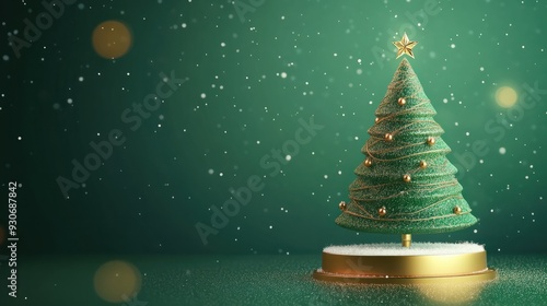 Christmas tree with green background, glitter, Gold shimmer,Merry christmas day vector background design,hristmas showcase backgrounds with 3d podium,snowdrift.banner Vector illustration,copy space. photo