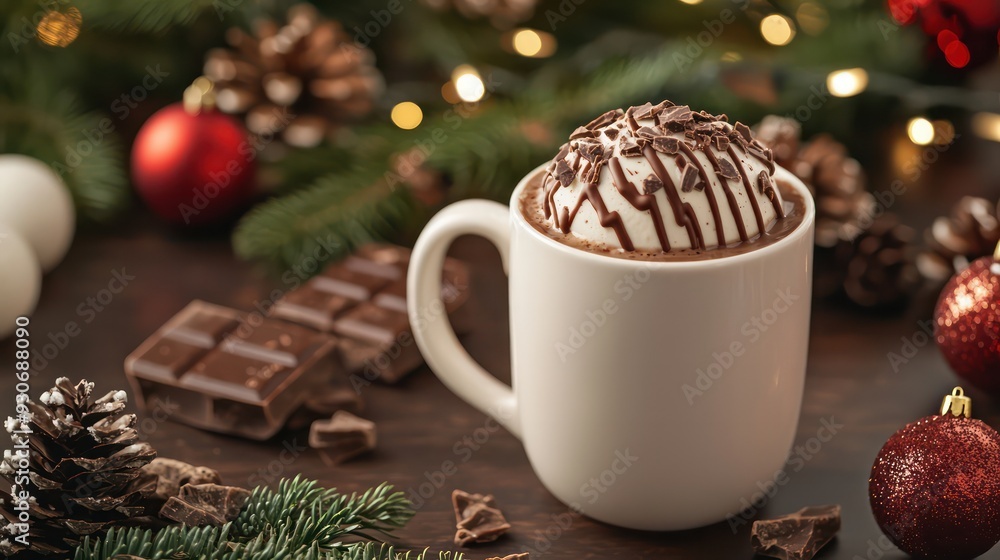 A white mug with chocolate sauce on top of it. The mug is surrounded by pine cones and other decorations A white mug with chocolate sauce on top of it. The mug is surrounded by pine cones and other decorations