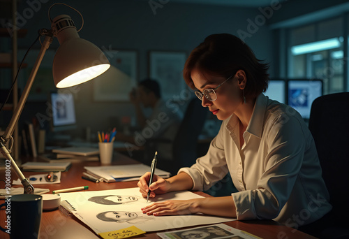 Female Forensic Artist Sketching Suspect Portrait at Police Station Desk