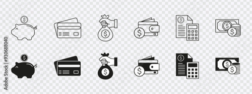 "Comprehensive finance icon set: money, savings, loans, wallets, and profits for versatile use."