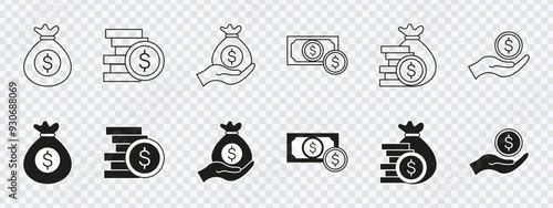 "Comprehensive finance icon set: money, savings, loans, wallets, and profits for versatile use."
