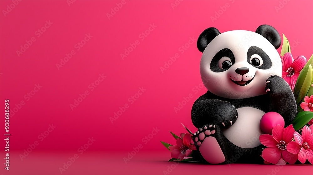 Cute Panda Toy with Pink Flowers on Vibrant Background Cute Panda Toy with Pink Flowers on Vibrant Background