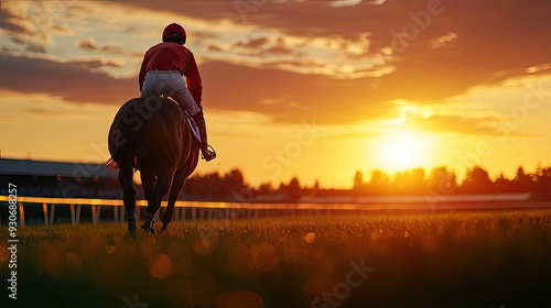 A serene sunset silhouette of a jockey riding a horse along a racetrack, capturing the essence of equestrian sport and nature.
