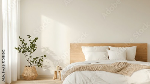 A bedroom with a white bed, a wooden headboard, and a white pillow. A potted plant sits on a table next to the bed. The room is clean and well-organized, with a neutral color scheme