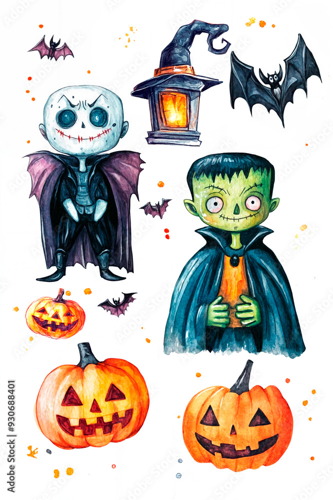 Halloween elements. Watercolor illustration isolated on white background Halloween elements. Watercolor illustration isolated on white background