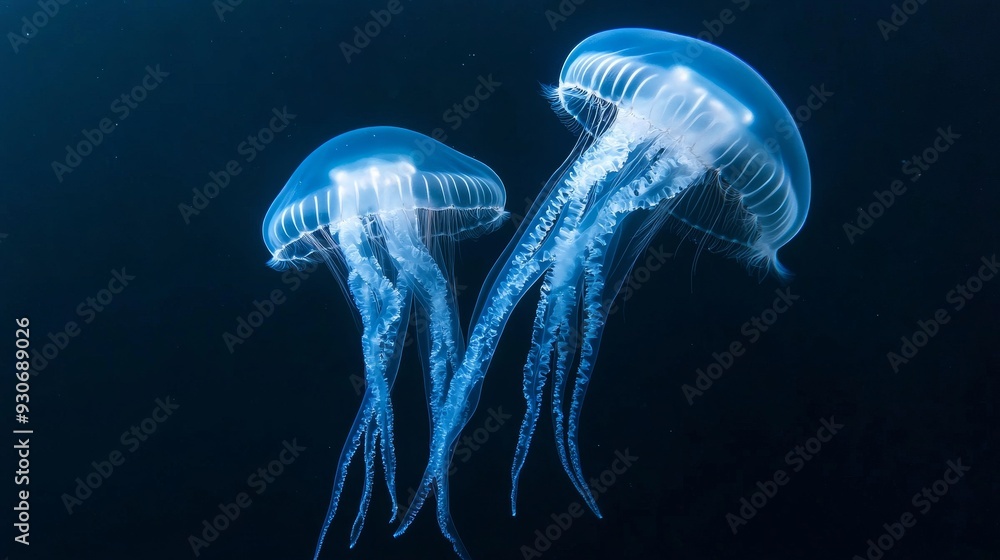 Two translucent jellyfish swimming in dark ocean Two translucent jellyfish swimming in dark ocean