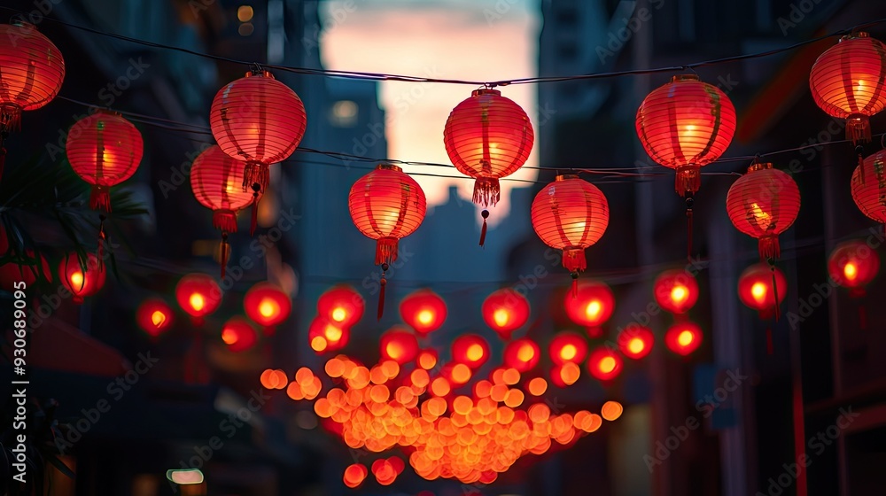 A vibrant scene of red lanterns illuminating a serene alley, creating a festive atmosphere and enchanting evening ambiance. A vibrant scene of red lanterns illuminating a serene alley, creating a festive atmosphere and enchanting evening ambiance.