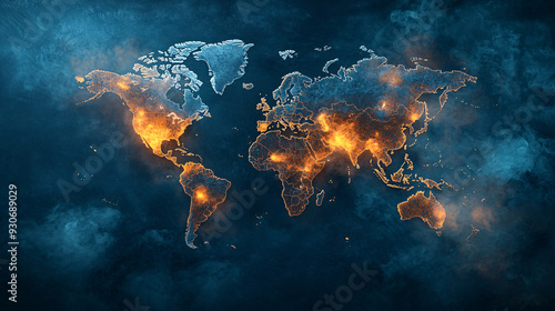A world map with a blue background and orange and yellow lights on it. The map is lit up with a warm glow, giving it a cozy and inviting atmosphere