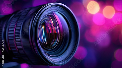 Close-up of a camera lens capturing vibrant bokeh lights, showcasing the intricate details of photography equipment.