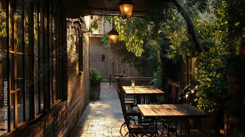 Fototapeta Naklejka Na Ścianę i Meble -  A patio with a brick wall and a wooden table with chairs. The patio is lit by the sun and has a warm, inviting atmosphere
