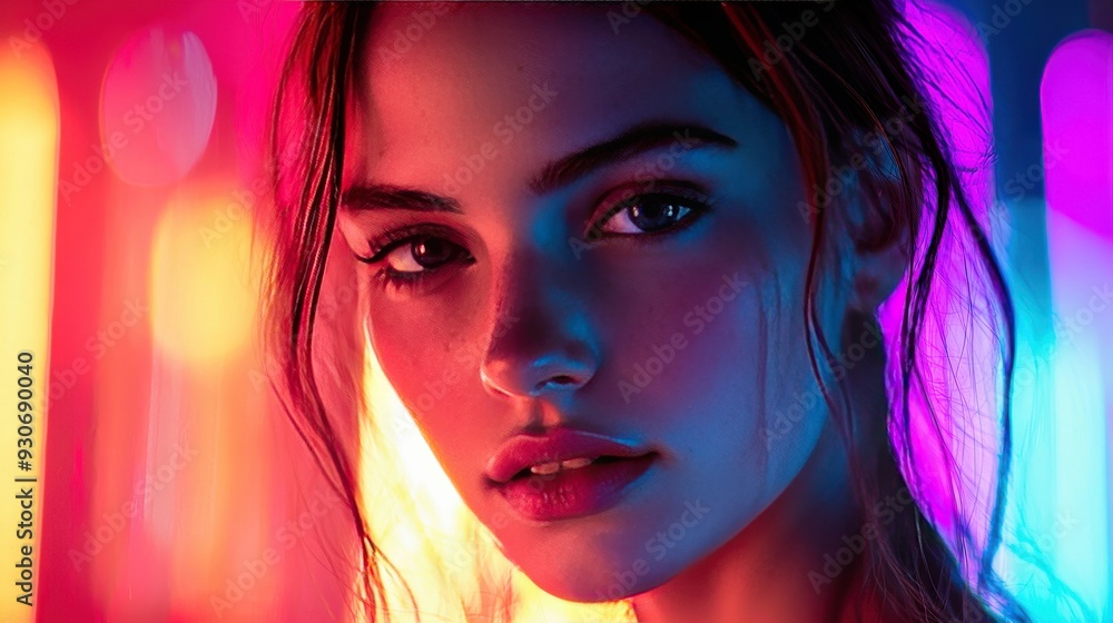 Portrait of a young woman illuminated by vibrant neon lights, creating colorful reflections on her skin. She gazes intensely into the camera with a futuristic, blurred urban backdrop. Portrait of a young woman illuminated by vibrant neon lights, creating colorful reflections on her skin. She gazes intensely into the camera with a futuristic, blurred urban backdrop.