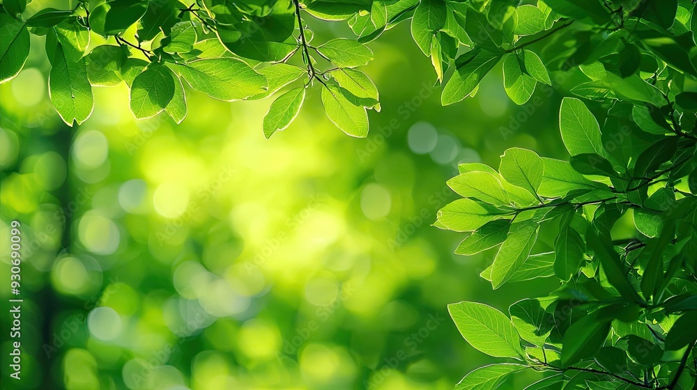 Obraz premium Lush green foliage with sunlight filtering through leaves, creating a tranquil, natural setting perfect for relaxation and rejuvenation.
