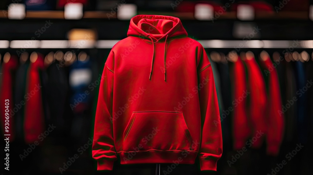 Stylish red hoodie displayed in a trendy fashion store, ideal for casual wear and fashion enthusiasts. Stylish red hoodie displayed in a trendy fashion store, ideal for casual wear and fashion enthusiasts.