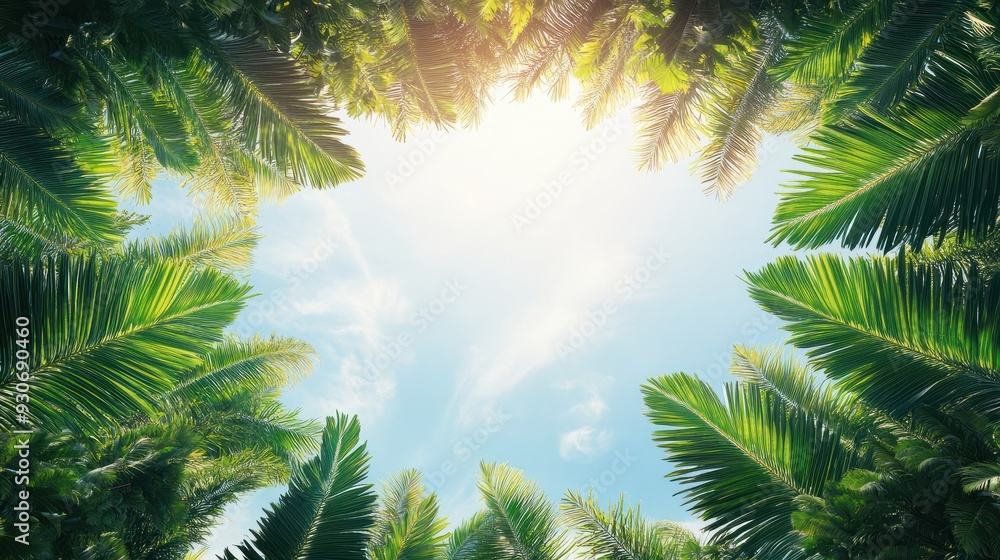 group of palm trees seen from below forming a frame against a bright sky background, design for posters, banners, advertising, cards group of palm trees seen from below forming a frame against a bright sky background, design for posters, banners, advertising, cards