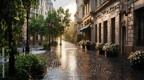 Fototapeta Naklejka Na Ścianę i Meble -  A city street with a brick sidewalk and a row of potted plants. The street is wet from the rain, and the sun is shining through the clouds. The scene has a peaceful and calming mood