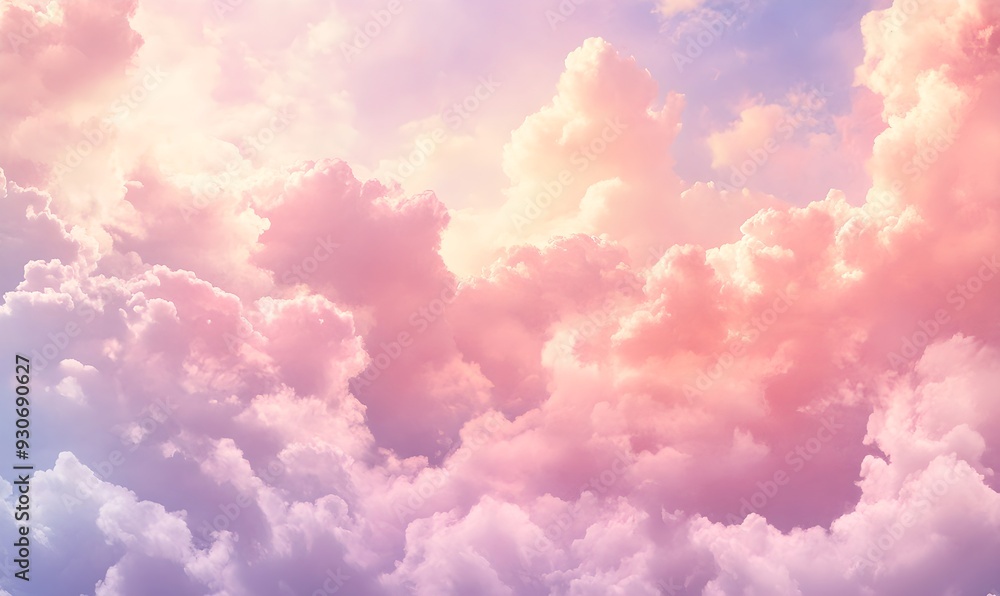 Fototapeta premium Fluffy pink clouds in sunrise sky. Scenic aerial view. Tranquil sky and soft cloudscape concept. Dreamy and ethereal. 3D render