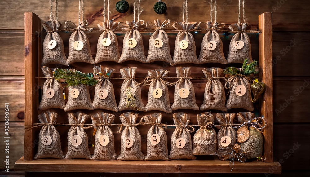 Fototapeta premium nature-inspired hand made advent calendar with small pouches filled with natural items like pine cones