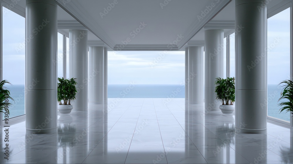 Fototapeta premium A large, empty room with a view of the ocean. The room is decorated with potted plants and has a white color scheme