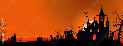 Banner Halloween night background with a silhouette of a haunted house, moon spooky trees on an orange sky black silhouettes of buildings, trees leaves, bat flying in the air, a witch home