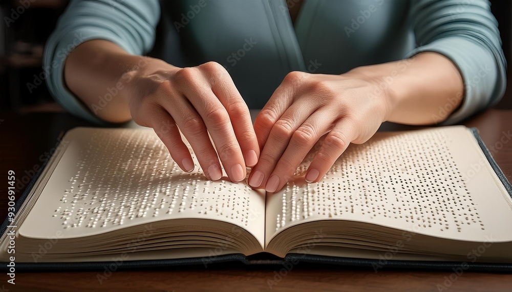 A close-up of hands gently reading a Braille book, with fingers tracing over the raised dots A close-up of hands gently reading a Braille book, with fingers tracing over the raised dots