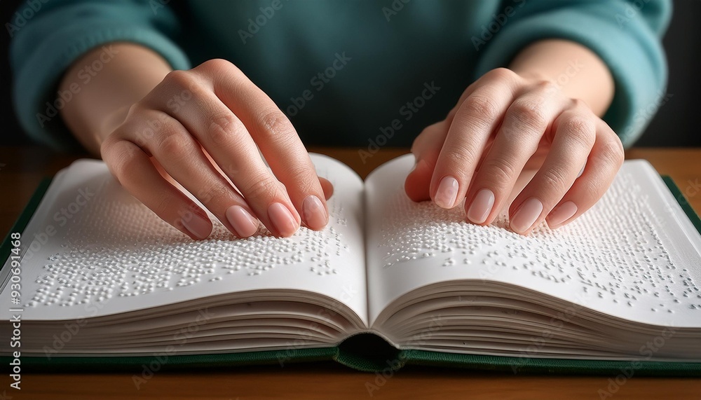 A close-up of hands gently reading a Braille book, with fingers tracing over the raised dots A close-up of hands gently reading a Braille book, with fingers tracing over the raised dots