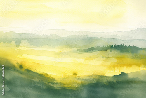 A painting of a field with a yellow sky and green grass