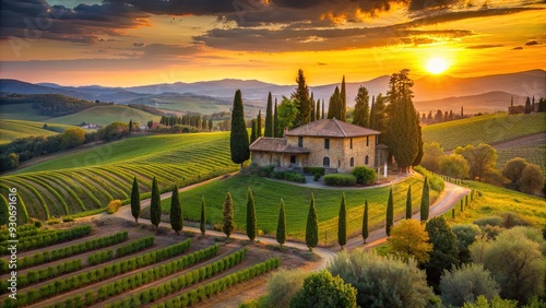 Elegant stone villa amidst rolling hills, verdant cypress trees and vineyards, warm sunset light casting a golden glow over the serene Tuscan landscape.