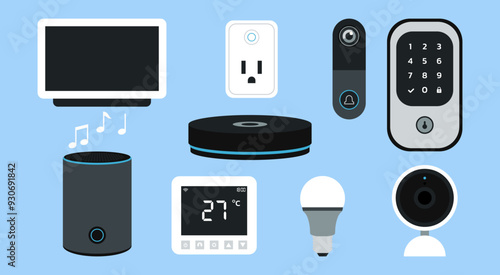 Set of Innovative Smart Home Device, Modern Technology, Automation and Connectivity with IoT for Digital Living Spaces, Vector Flat Illustration Design