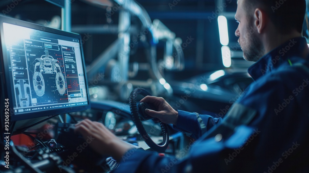 A mechanic performs computer diagnostics on a vehicle while working on engine repairs in a well-equipped auto shop. Generative AI A mechanic performs computer diagnostics on a vehicle while working on engine repairs in a well-equipped auto shop. Generative AI
