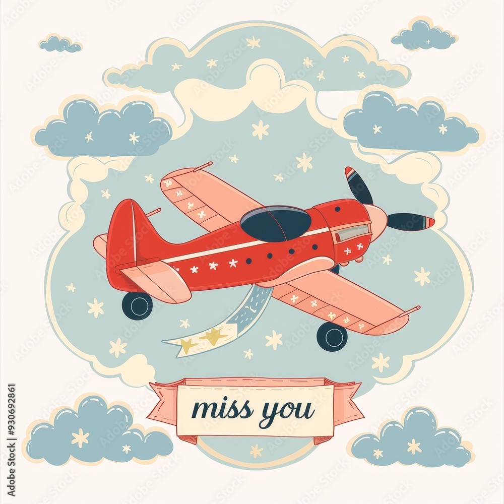 A whimsical illustration of a red airplane flying through clouds with a heartfelt message, 'miss you'. Perfect for greeting cards. A whimsical illustration of a red airplane flying through clouds with a heartfelt message, 'miss you'. Perfect for greeting cards.