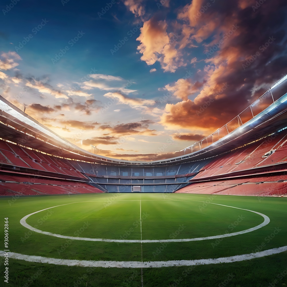 Fototapeta premium Empty stadium showcasing a well-maintained, lush green playing field under bright lights, football stadium inside view, stadium background, empty arena in neon light