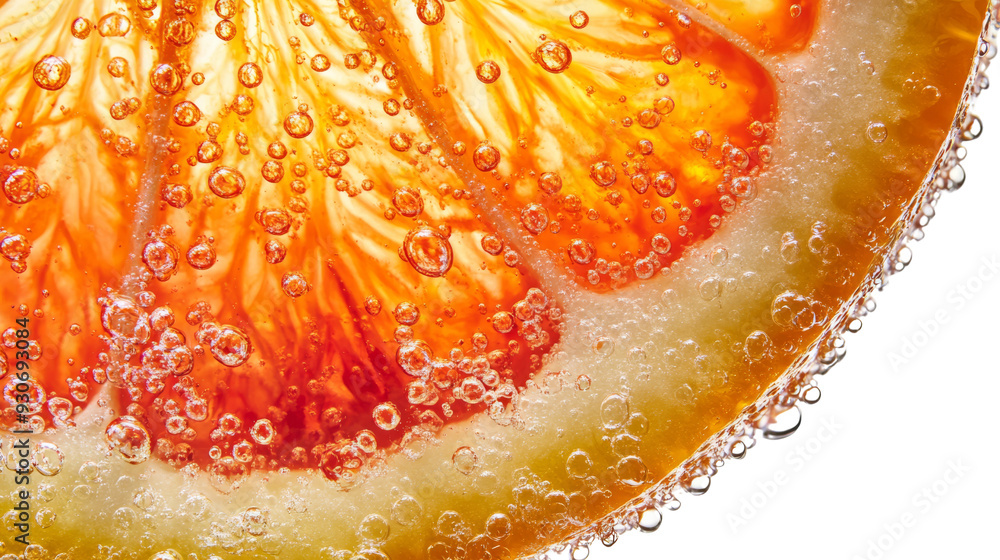 Closeup of a Slice of Orange in Water with Bubbles. Closeup of a Slice of Orange in Water with Bubbles.