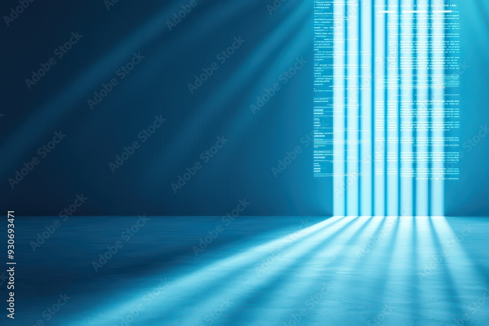 A futuristic scene featuring blue light rays streaming through a digital doorway, creating an ethereal atmosphere. A futuristic scene featuring blue light rays streaming through a digital doorway, creating an ethereal atmosphere.