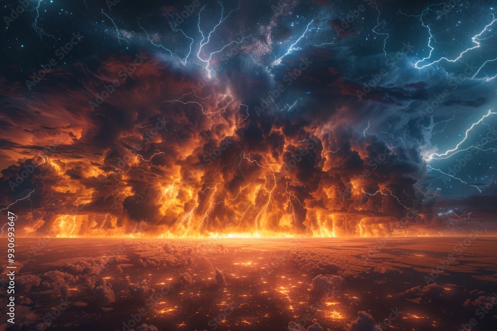 Celestial Inferno - A breathtaking fusion of fire and lightning erupts in the sky, as a massive storm unleashes its fury over a vast, illuminated landscape. Celestial Inferno - A breathtaking fusion of fire and lightning erupts in the sky, as a massive storm unleashes its fury over a vast, illuminated landscape.
