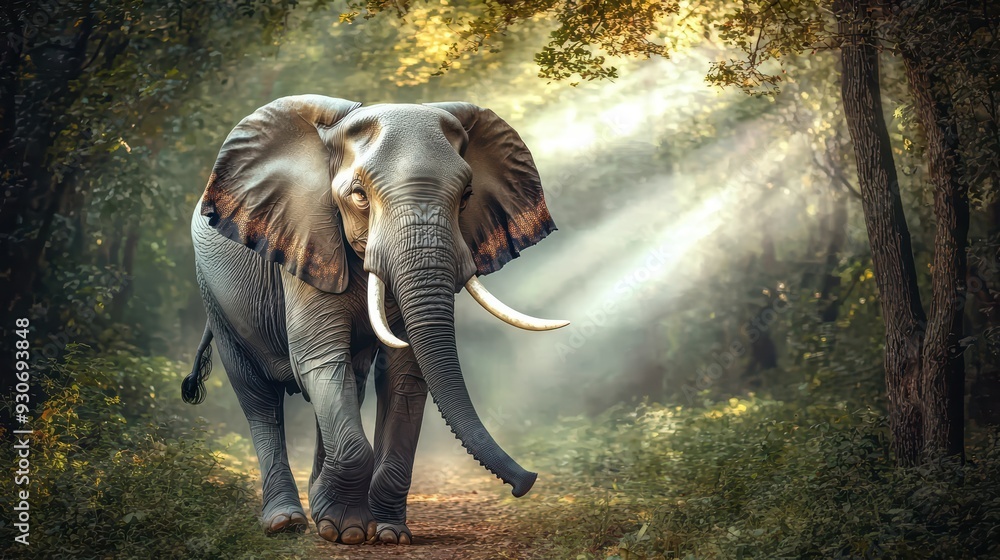 Fototapeta premium A majestic elephant walking through a sunlit forest, surrounded by trees, showcasing nature's beauty and wildlife.
