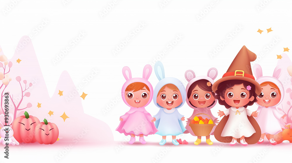 Five children in colorful costumes joyfully celebrate Halloween, showcasing a lively atmosphere filled with excitement and creativity Five children in colorful costumes joyfully celebrate Halloween, showcasing a lively atmosphere filled with excitement and creativity