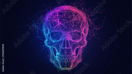 Abstract neon pink and blue skull made of connected lines on a dark blue background.