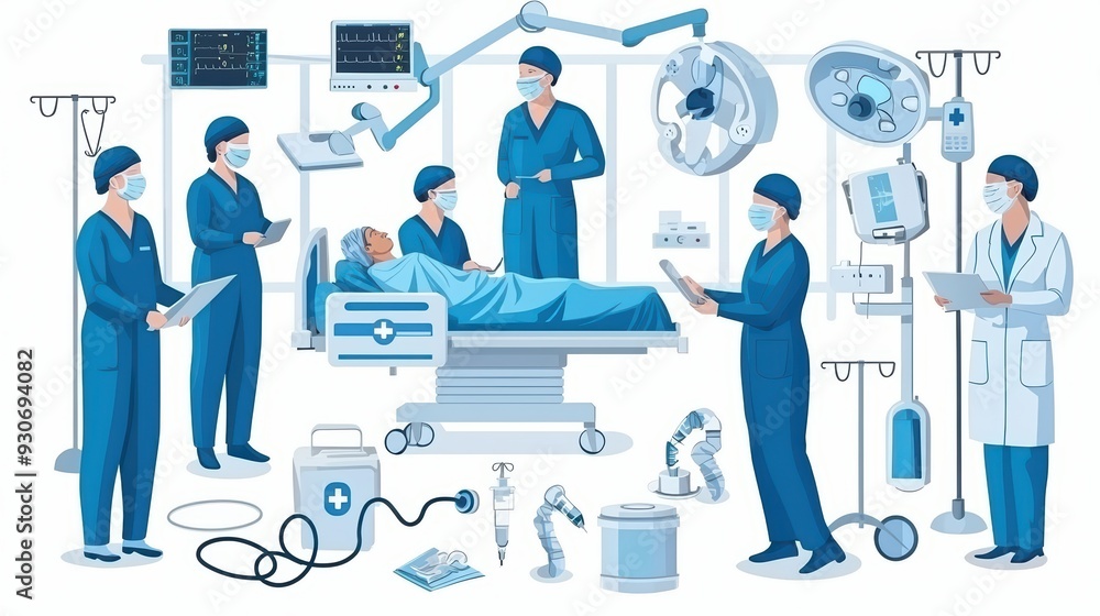 A medical scene with healthcare professionals attending to a patient in a hospital, featuring advanced surgical equipment. A medical scene with healthcare professionals attending to a patient in a hospital, featuring advanced surgical equipment.