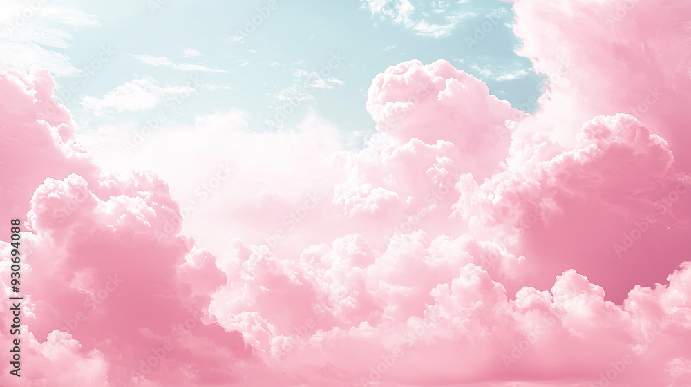Fantasy Sky with Sugar Cotton Candy Pink Pastel Clouds - Dreamy Background, Whimsical Atmosphere, Soft and Fluffy Cloudscape, Ethereal Heaven, Surreal Serenity, Sweet Daydream, Imaginative Sky