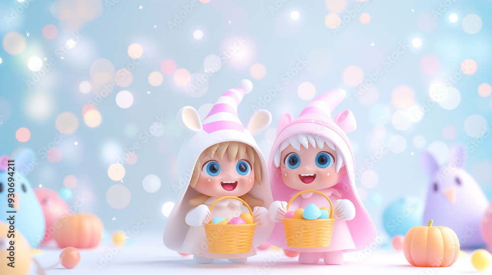 Fototapeta premium Two animated children wearing festive hats smile while holding baskets filled with colorful eggs, surrounded by cheerful decorations
