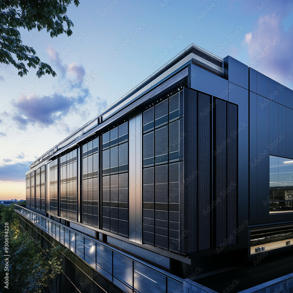 Modern building with solar panels and glass facade. Modern building with solar panels and glass facade.
