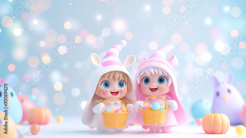 Two animated children wearing festive hats smile while holding baskets filled with colorful eggs, surrounded by cheerful decorations